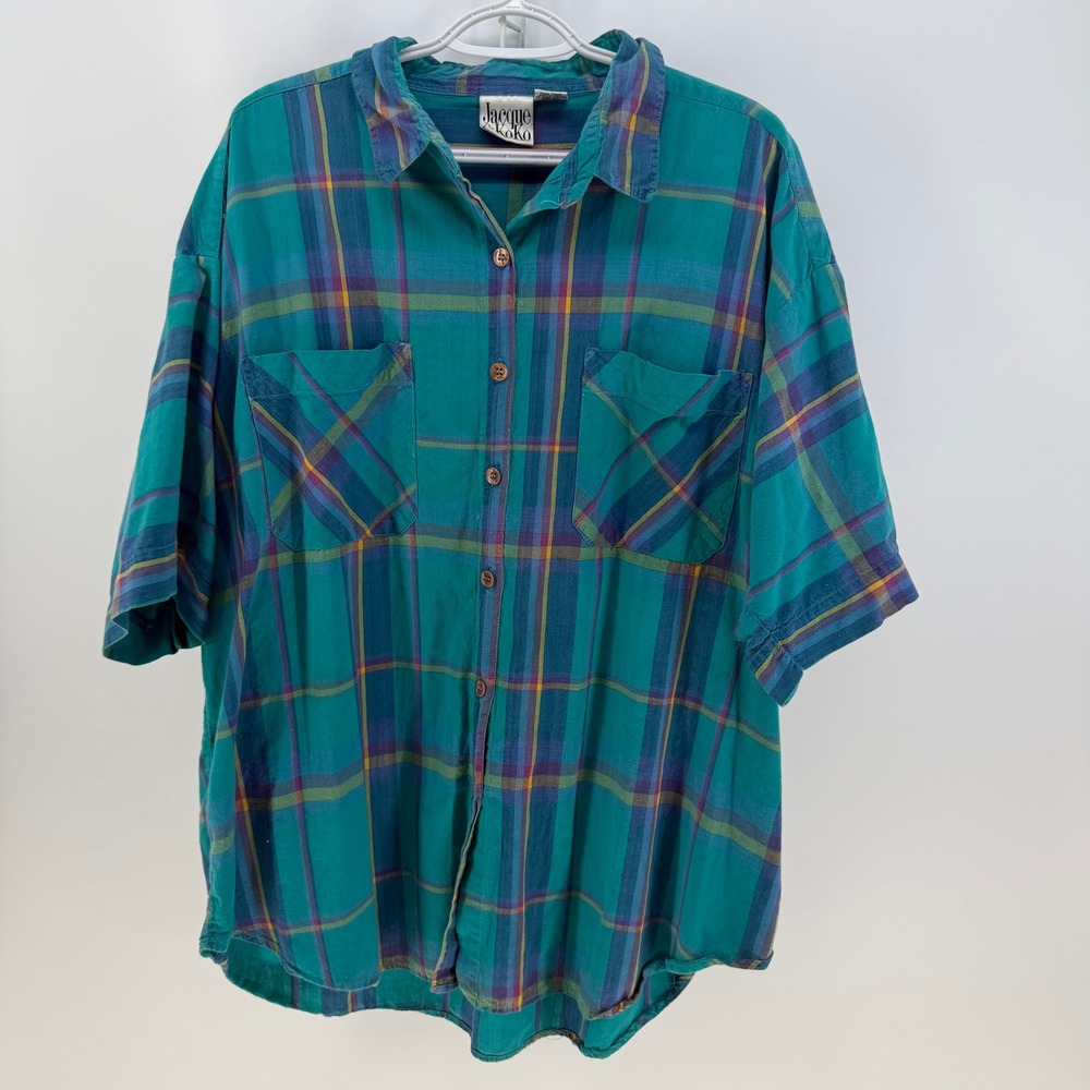 Jacque & Koko Button Down Shirt Women 26/28 Teal Plaid Cotton 90s Grunge Preppy